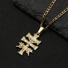 dollrinboy 1pc 14K Gold Plated Stainless Steel Catholic Caravaca Cross Pendant With Angel Necklace, Unisex, 3mm Flat Figaro Chain Necklace - Cross - View 5