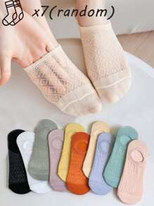 7 Pairs Women Candy Color Argyle Breathable Mesh Invisible Boat Socks, Suitable For Spring And Summer Daily Wear