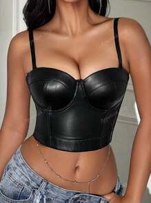 Rave Spaghetti Strap PU Leather Corset Bustier Crop Cami Top Music Festival