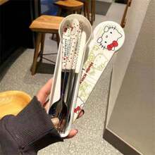 Sanrio Juego de 4 piezas de cubiertos de acero inoxidable con diseño de Hello Kitty - Set de tenedor, cuchara, palillos y bolsa térmica aislada portátil para llevar la comida, ideal para estudiantes, trabajadores y viajes