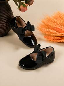Girls Black Patent Cute Flat Shoes With Bow Decor - Black - View 2