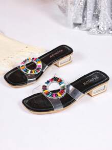 Women's Summer Faux Crystal Studded High Heel Open Toe Mule Sandals
