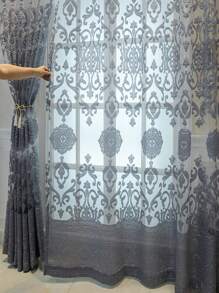 Scroll Embroidered Single Panel Sheer Curtain, European Style Polyester Light Filtering Privacy Sheer Curtain For Living Room And Bedroom - Grey - View 7