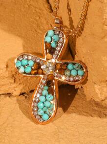 1 pièce Collier pendentif croix en cristal de turquoise de style boho occidental, perle de faux. Convient pour les vacances, les fêtes, les cadeaux et le port quotidien pour les femmes
