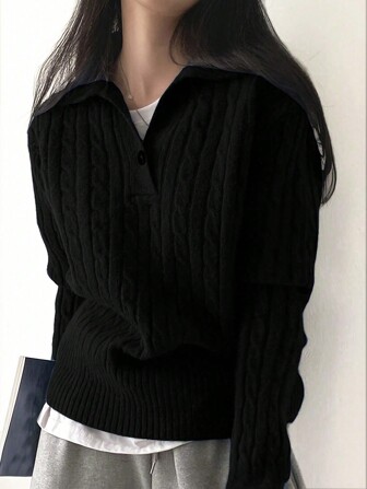 Women's Solid Color Elegant Polo Collar Long Sleeve Cable Knit Loose Casual Sweater, Autumn/Winter