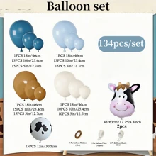 102/134pcs Western Style Cowboy Style Balloon Wreath Arch Game, Featuring Latex Balloons Printed With Cows, Nude In Shades Of Green Grey And Brown, And Aluminum Foil Decorations. This Game Is Designed For Farm And Animal Themed Birthday Parties And Party Decor Items