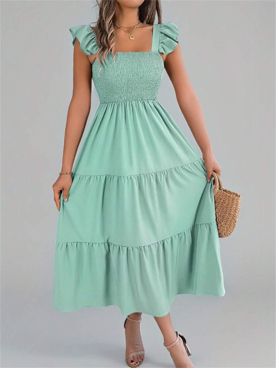 New Summer Square Neck Mint Green Dress Tiered Smocked Backless Sleeveless Pure Color Midi Slip Beach Cover Up Resort Ready Womens Vacation Sundress - Màu xanh Bạc hà - Xem 1