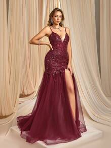 Spaghetti Strap Mermaid Prom Dress, Formal Evening Gown, For Wedding Guest, Graduation, Dinner - Burgundy - View 7
