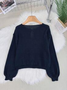 [上衣] 纯色扭纹前长袖开衫 - 极简主义，办公室着装，复古外观，简约，法式风格，女式系带前腰带纯色针织开衫，可穿在衬衫外面，大码可爱开衫