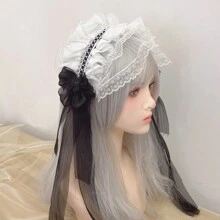 Elegant Japanese Style Bow Decor Cute Girl Lolita Lace Bowknot Headdress, Handmade Lolita Headpiece For Party