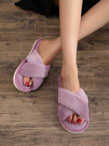 Pantuflas de mujer con correas cruzadas de peluche, suaves y esponjosas para interiores y exteriores, zapatillas de casa esponjosas, cómodas y cálidas, sandalias abiertas color rosa - Púrpura malva - Ver 3