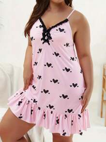 1pc Plus Size Sexy Nightgown - Heart Print, Lace Ruffle Trim And Bow Collar - Comfy Women V-Neck Sleepwear