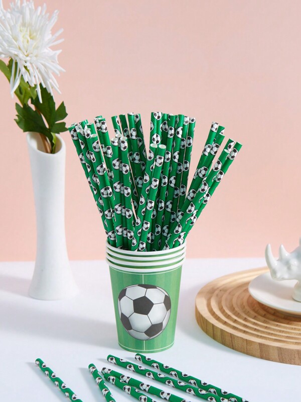 10/25/50/100 Pcs Green Soccer/Football Design Paper Straws, Disposable Tableware Straws, Suitable For Birthday, Party, Family, Bar, Beverage Stores, Picnics, Party Supplies, Christmas Gifts