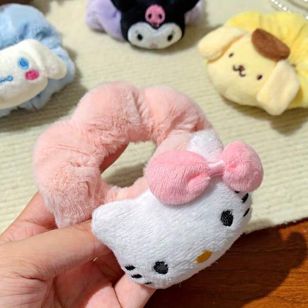 Sanrio Lazos de pelo de peluche de Hello Kitty de SANRIO - Diseño de dibujos animados lindos en rosa, azul, amarillo, morado | Poliéster suave | Accesorio de moda para todas las estaciones