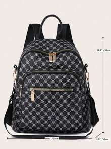 Mochila clásica y versátil con estampado de moda para mujer, de gran capacidad, de uso dual como mochila y bolso de hombro para viajes al aire libre, de PU vintage, impermeable, para ir a trabajar y a la universidad. - Negro - Ver 3