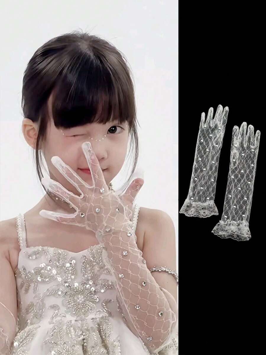 1雙兒童正式蕾絲手套,公主生日款水鑽手套,花童表演拍照手套,適合正式場合與攝影 - 彩色 - 查看 1