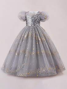Tween Girls Short Sleeve Sequin Mesh Elegant Party Dress, Suitable For Banquet And Birthday