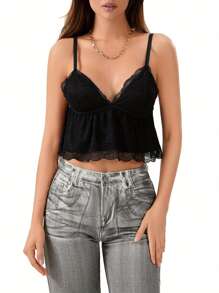 Women's Lace Camisole Deep V Neck Backless Back Tie-Up Babydoll Cami Crop Tops