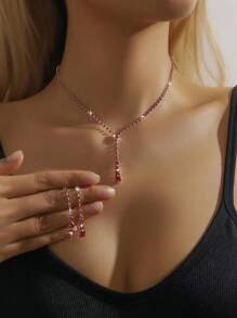 Set de 2 piezas: Collar con colgante largo y aretes, juego de joyería elegante de novia para boda y fiesta - Plateado - Ver 3