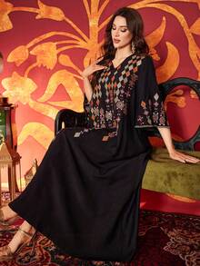 Women V-Neck Embroidery Elegant Everyday Arabic Style Dress