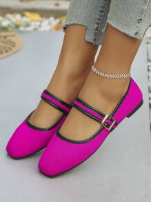 Plus Size 35-43 Retro Mary Jane Shoes, New Spring/Summer Fashion Versatile Strap Soft Bottom Flat Shoes, Comfortable & Casual Daily Wear, Square Toe Ballet Flats, Magenta