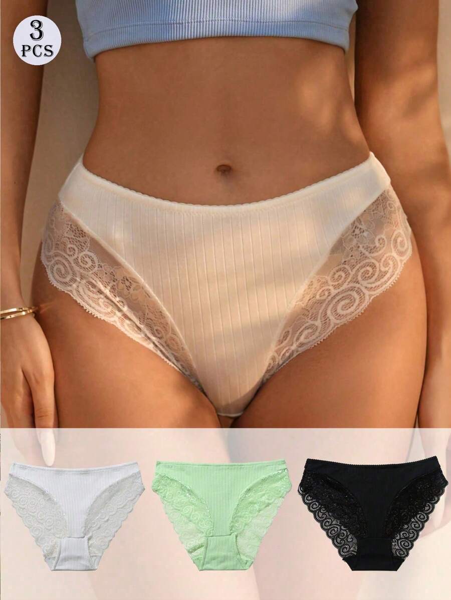 3 unidades/pacote calcinhas de cintura baixa com acabamento em renda e cor sólida para mulheres