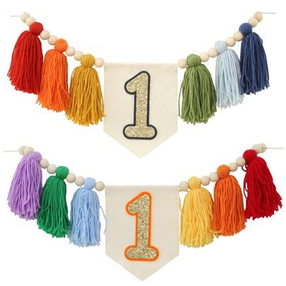 1pc Handmade First Birthday Boho High Chair Banner, Macrame Tassel Floral Wreath, Boho Birthday Decor, Rainbow Red Orange Yellow Green Blue Multicolor Shiny Tassel Pennant, Bedroom Decor
