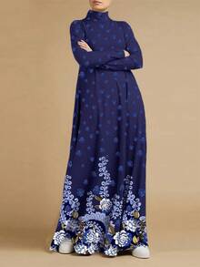 Women's Printed Long Sleeve Loose Maxi Length Abaya Robe - Blue - View 3
