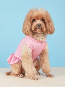 一件式褶皱T恤连衣裙，公主荷叶边下摆，无袖宠物狗猫连衣裙，春夏款 - 粉色 - 查看 4