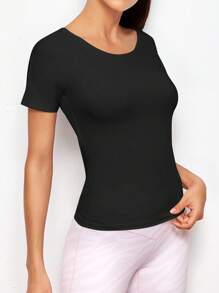 Fashionable Sports Yoga Back Mesh Short Sleeve T-Shirt - Black - View 2