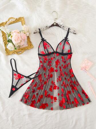 2pcs/Set Women Sexy Floral Mesh Front-Hook Sleepwear & Nightdress Suit, Lingerie Set Suitable For Valentine's Day Dates, Holiday Parties For Going Out