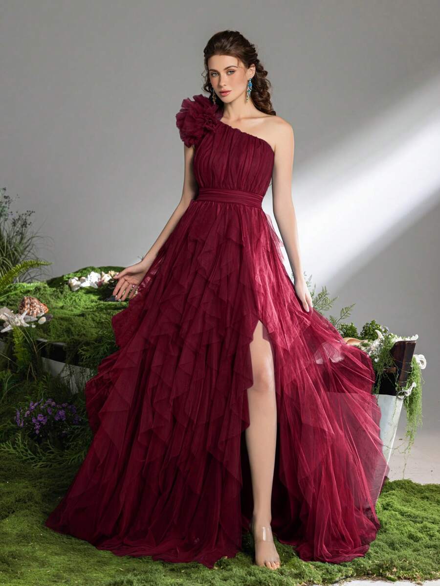 Faeriesty 优雅长款晚礼服，层叠薄纱裙摆，开衩设计 | 适合名人派对、夏季盛会或奢华花园晚宴，也可作为派对礼服、婚礼宾客礼服、正式礼服或春季长裙穿着