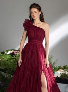 Faeriesty 优雅长款晚礼服，层叠薄纱裙摆，开衩设计 | 适合名人派对、夏季盛会或奢华花园晚宴，也可作为派对礼服、婚礼宾客礼服、正式礼服或春季长裙穿着 - 酒紅色 - 查看 7