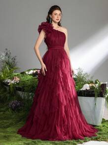 Faeriesty 优雅长款晚礼服，层叠薄纱裙摆，开衩设计 | 适合名人派对、夏季盛会或奢华花园晚宴，也可作为派对礼服、婚礼宾客礼服、正式礼服或春季长裙穿着 - 酒紅色 - 查看 6