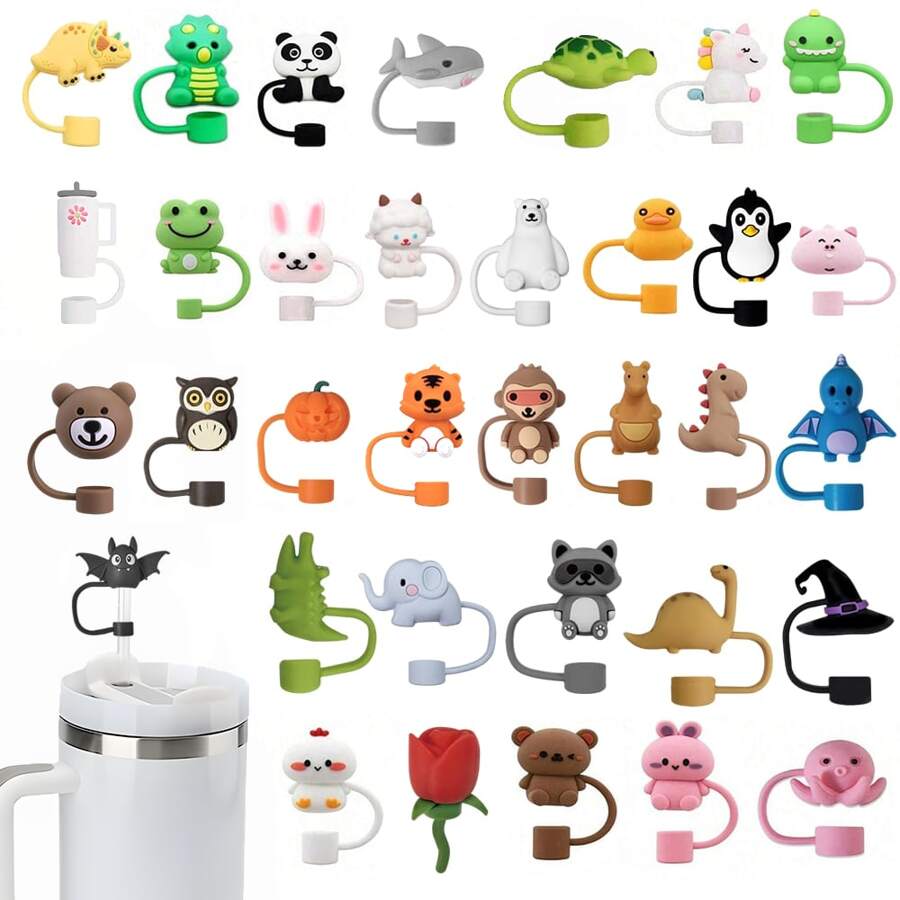 1 件杯子吸管盖，10 毫米熊形吸管盖，适用于 30 和 40 盎司带手柄玻璃杯，带手柄，硅胶吸管盖，杯子配件万圣节吸管盖，返校用品 - 動物吸管帽 - 查看 1