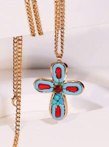 1 pièce Collier pendentif croix en cristal de turquoise de style boho occidental, perle de faux. Convient pour les vacances, les fêtes, les cadeaux et le port quotidien pour les femmes