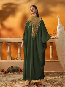 AmazingHoney Elegant Green Loose-Fit Kaftan Dress With Gold Sequin Embellishments, Party Modest Abaya, Formal Muslim Dress, Evening Gown,Abaya Dress (Loose Fit– Please Check Size Chart)