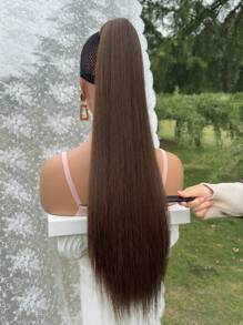 32英寸合成夹式马尾假发，长直马尾假发，耐热，女士适用 - 棕色 - 查看 7