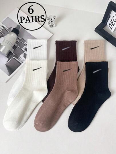 6双秋冬咖啡色简约图案户外运动时尚百搭徒步跑步健身服男女校园日常运动服柔软亲肤舒适透气吸汗防臭男女中筒袜