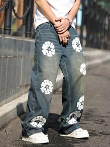 HEHCN Men's Floral Print Pockets Casual Loose Fit Y2K Retro Wide Leg Blue Jeans, Emo Style