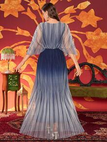 女士圆领水钻饰边泡泡渐变下摆优雅收腰长袖连衣裙，适合派对、婚礼宾客、正式场合、晚宴、春假等场合。 - 彩色 - 查看 2