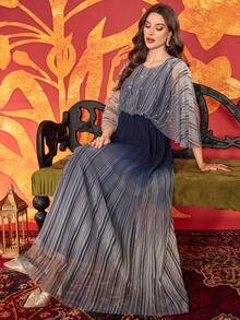 女士圆领水钻饰边泡泡渐变下摆优雅收腰长袖连衣裙，适合派对、婚礼宾客、正式场合、晚宴、春假等场合。 - 彩色 - 查看 6