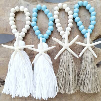 Handmade Bohemian Style Wooden Bead Tassel Pendant With Starfish Decoration - White And Sky Blue Beads - Door Handle Decor - Home Decoration - Car Interior Hanging Ornament - Bag Accessory - Festive Celebration Decor - Unique Gift Room Decors Garden Decor Wedding Decor Home Decors
