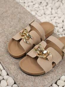 Plus Size Women's New Fashionable Versatile Beige Retro Chain Decor Flat Slip-On Comfortable Sandals
