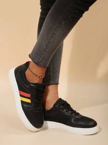 女士系带圆头黑色鞋，适合学生，户外休闲，日常散步，春秋季 - 黑色 - 查看 4