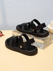 1 双黑色 PU 幼儿凉鞋，软底防滑婴儿拖鞋，婴儿学步鞋，适合夏季