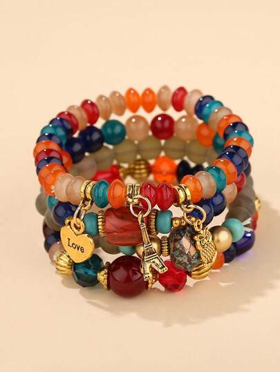 4pcs Boho Style Retro Print Charm Bracelet Jewelry Set For Women