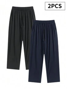2pcs Plus Size Loose-Fit Silky Casual Pants, Breathable & Flowy, Fall Clothes - Multicolor - View 1