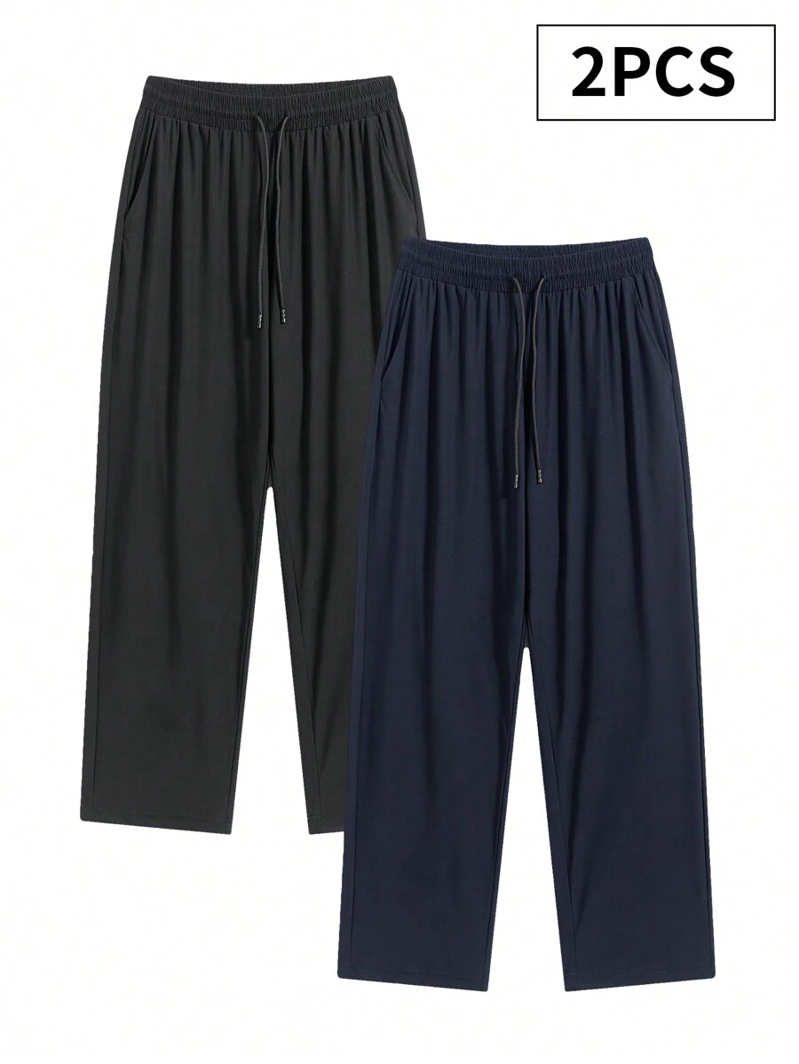 2pcs Plus Size Loose-Fit Silky Casual Pants, Breathable & Flowy, Fall Clothes - Multicolor - View 1