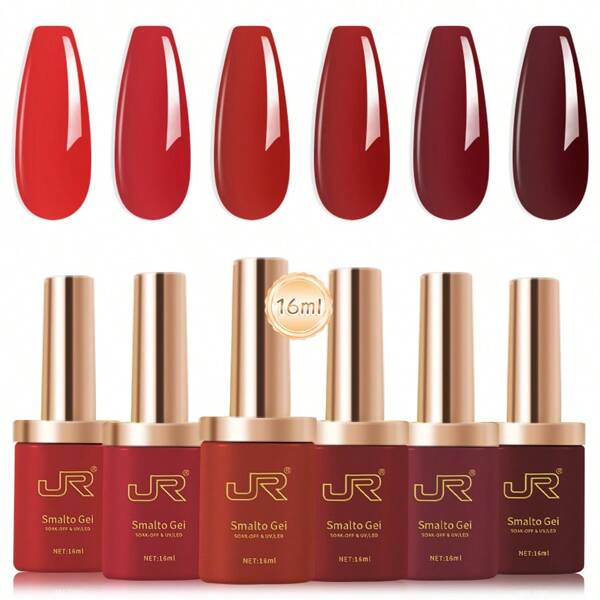JR JR 6pcs 16ml Gel Nail Polish Set Including Red Pink Nude Gel Polish Kit UV LED Soak Off Polish Home DIY Top Coat Base Coat Gifts For Girl